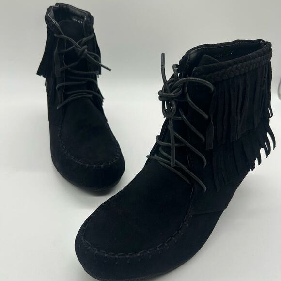 Top Moda Boots Womens 8‎ Black Moc Toe Lace Up Wedge Moccasin Bootie NEW - Picture 1 of 9